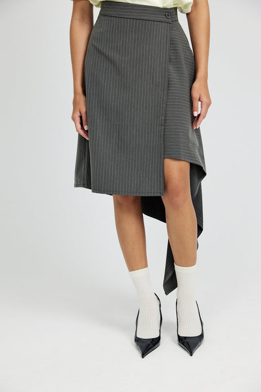 Pinstripe Asymmetric Wrap Skirt - Dark Grey