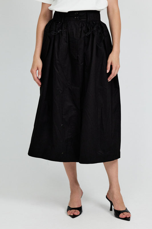 Utility Gathered Cotton Midi Skirt – Black