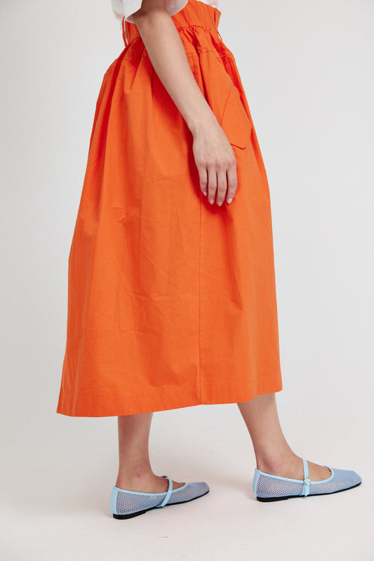 Utility Gathered Cotton Midi Skirt – Orange