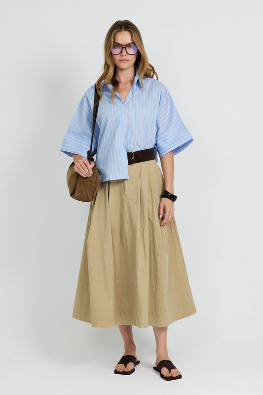 Classic Cotton A-Line Midi Skirt – Beige