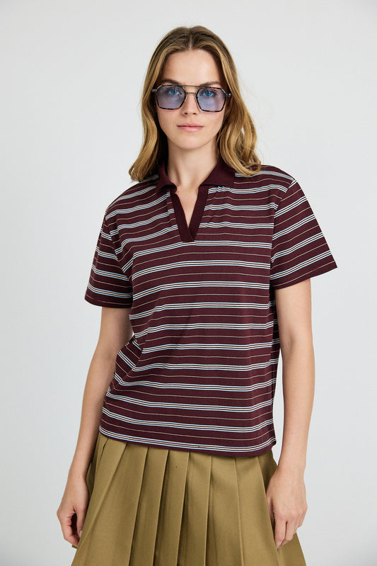 Classic Rib Striped Polo T Shirt-Brown & Sky Blue