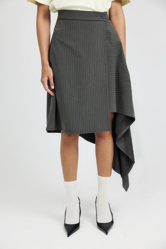 Pinstripe Asymmetric Wrap Skirt - Dark Grey