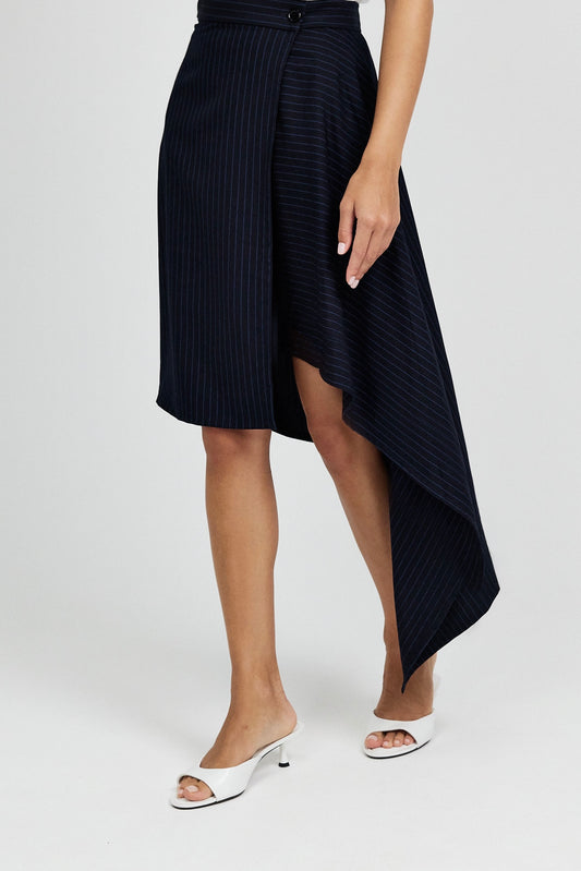 Pinstripe Asymmetric Wrap Skirt - Dark Navy