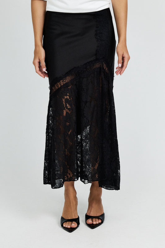 Lace Panel Satin Maxi Skirt – Black