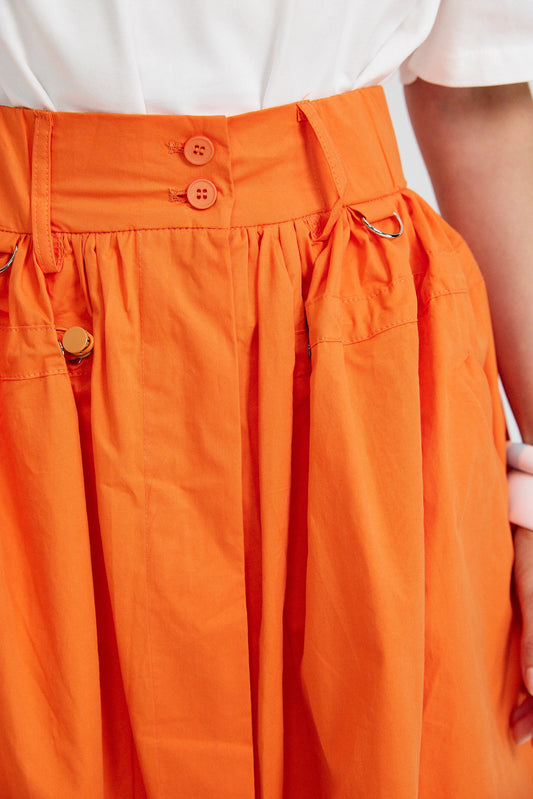 Utility Gathered Cotton Midi Skirt – Orange