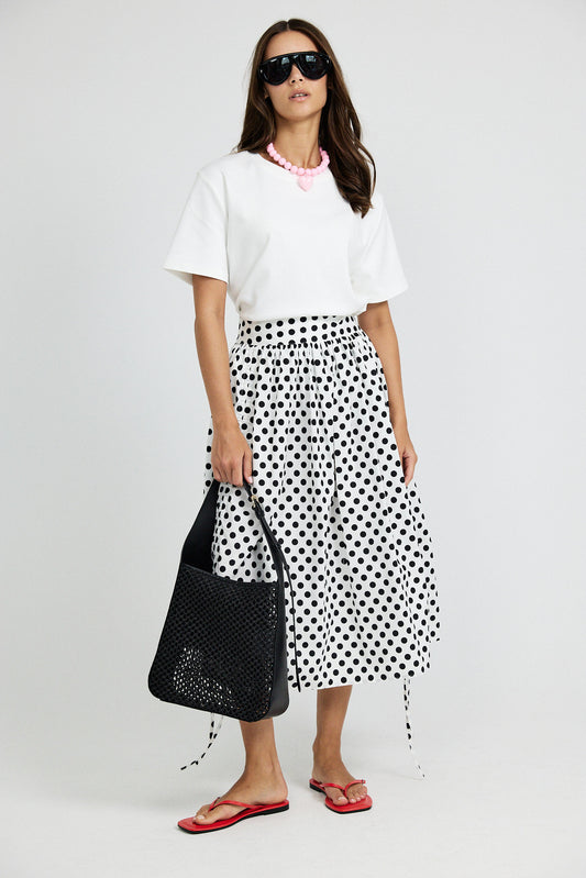 Balloon Drawstring Midi Skirt - White Large Polka Dot