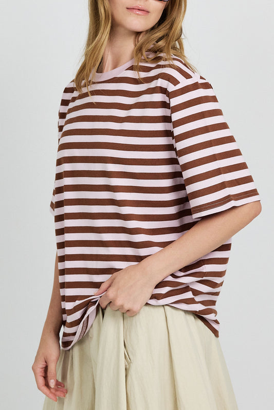 Oversized Striped Basic T-Shirt – Pink & Brown