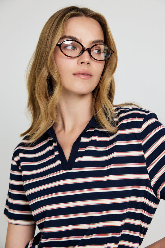 Classic Rib Striped Polo T Shirt-Navy & Cream