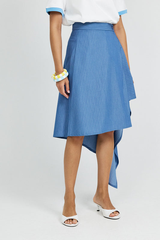 Pinstripe Asymmetric Wrap Skirt - Sky Blue