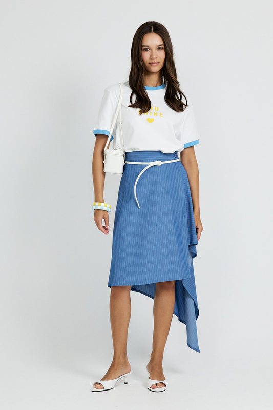 Pinstripe Asymmetric Wrap Skirt - Sky Blue