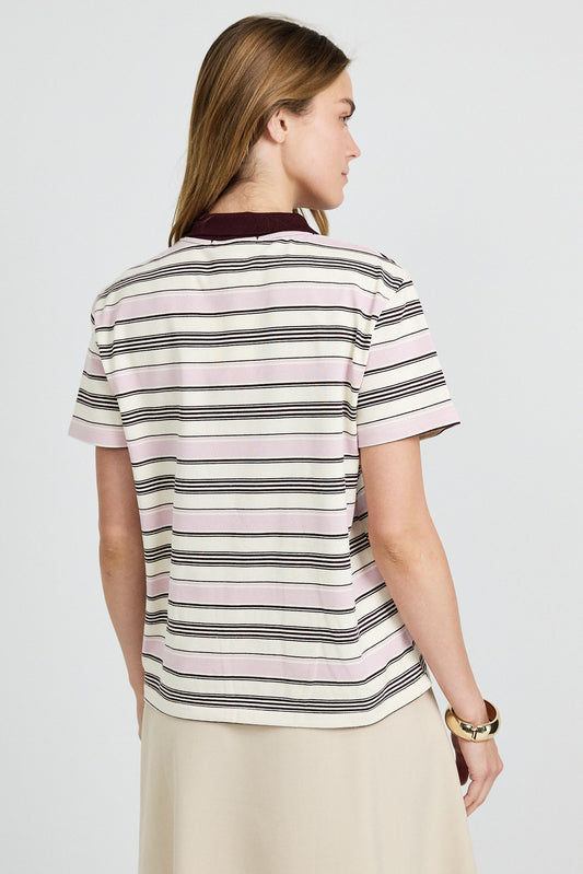 Classic Rib Striped Polo T Shirt-Cream & Brown