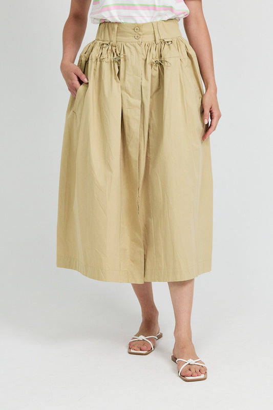 Utility Gathered Cotton Midi Skirt – Beige