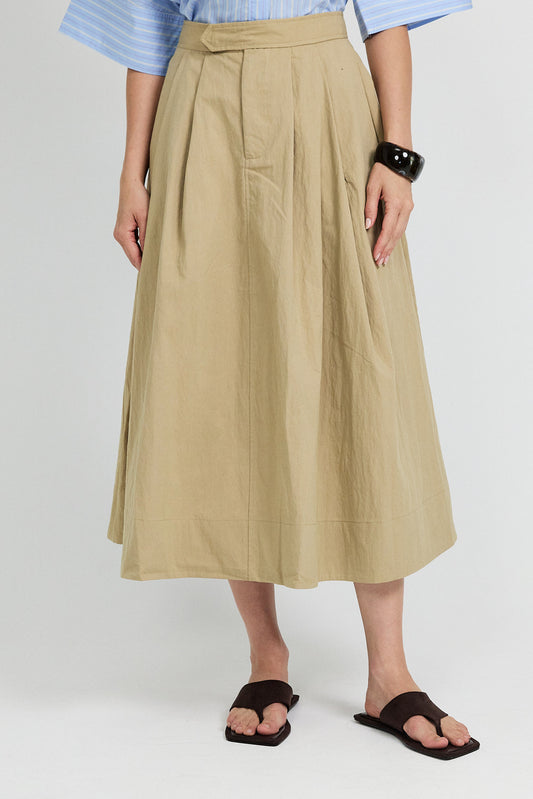 Classic Cotton A-Line Midi Skirt – Beige