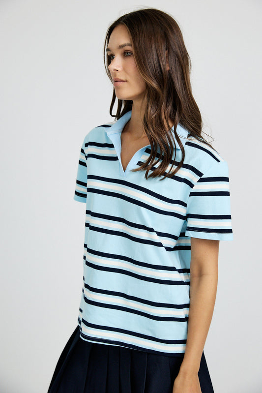 Classic Rib Striped Polo T Shirt-Sky Blue & Navy