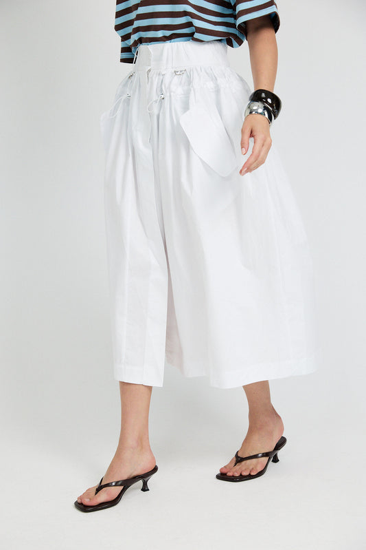 Utility Gathered Cotton Midi Skirt – White