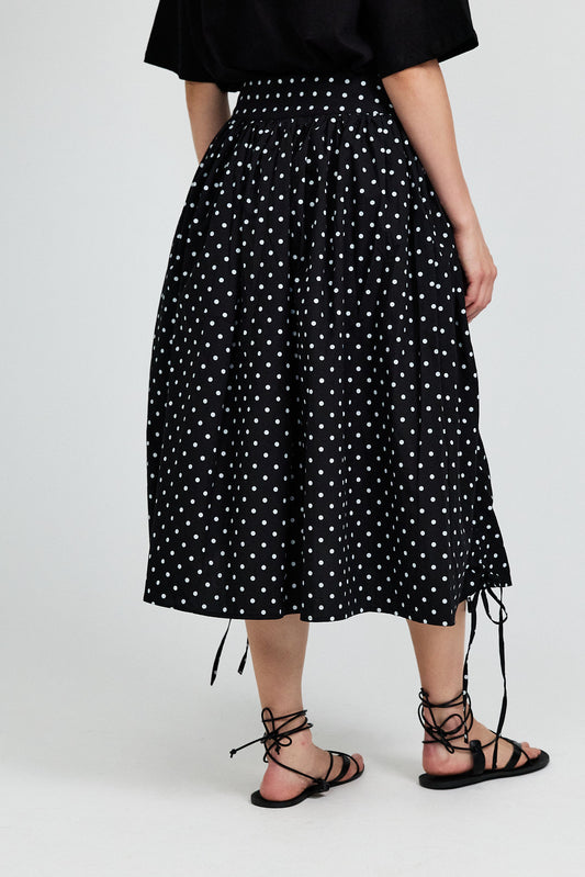 Balloon Drawstring Midi Skirt - Black Polka Dot