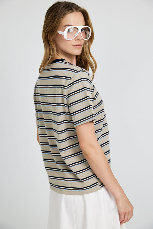 Classic Cotton Rib Striped T Shirt – beige-navy
