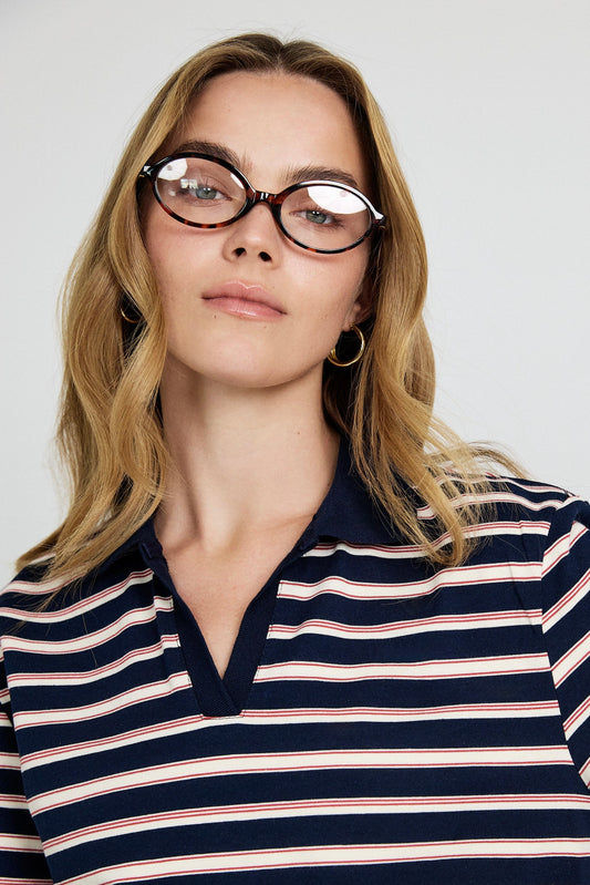Classic Rib Striped Polo T Shirt-Navy & Cream