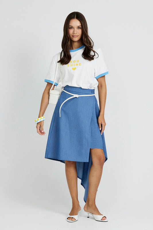 Pinstripe Asymmetric Wrap Skirt - Sky Blue