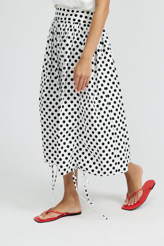 Balloon Drawstring Midi Skirt - White Large Polka Dot