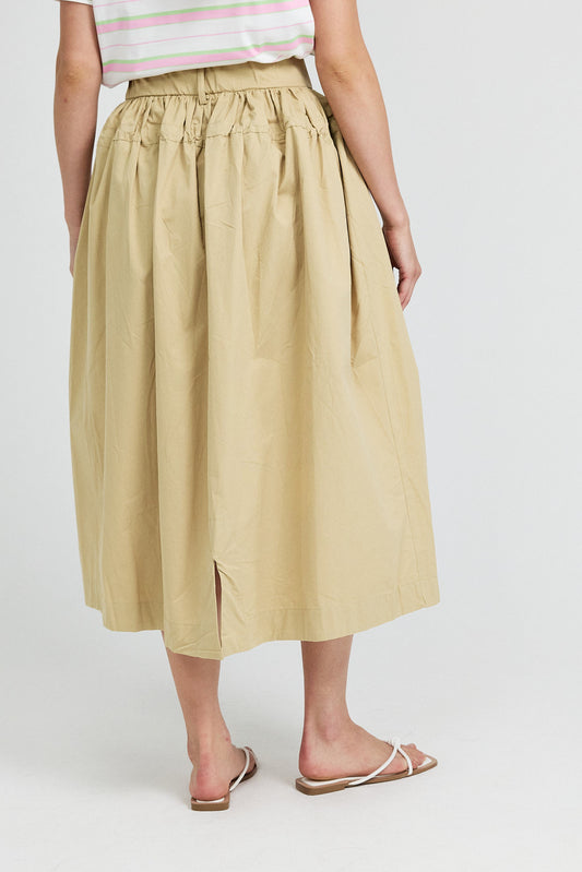 Utility Gathered Cotton Midi Skirt – Beige