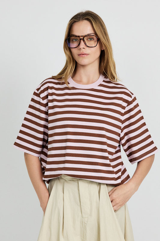 Oversized Striped Basic T-Shirt – Pink & Brown