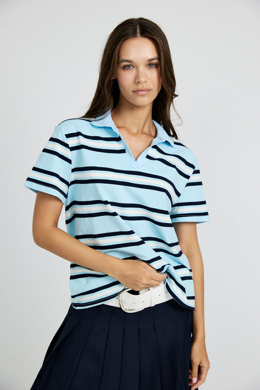 Classic Rib Striped Polo T Shirt-Sky Blue & Navy