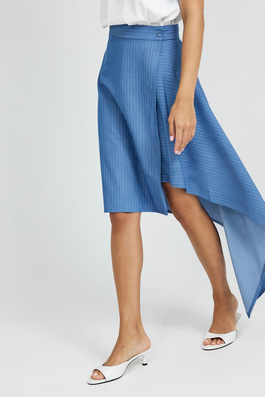 Pinstripe Asymmetric Wrap Skirt - Sky Blue