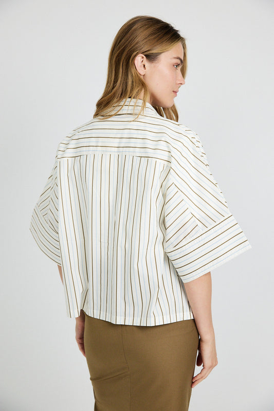 Monroe Oversized Batwing Stripe Shirt –Cream & Coffee