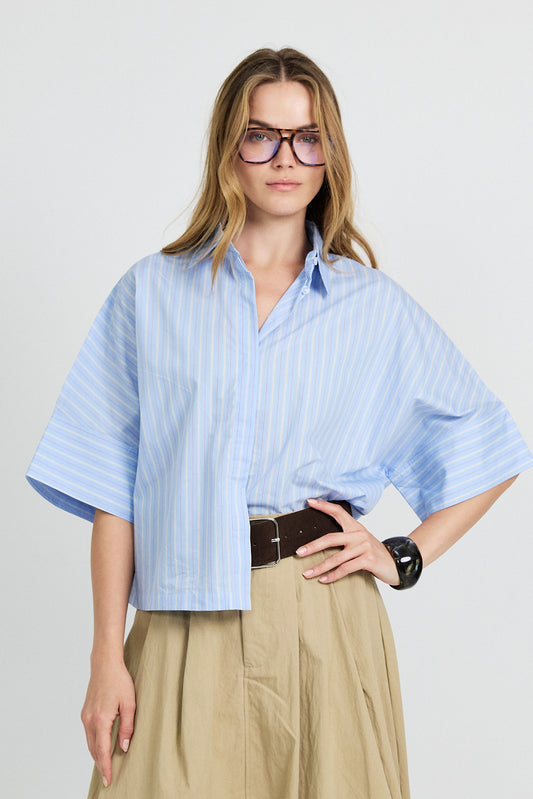 Monroe Oversized Batwing Stripe Shirt –Sky Blue