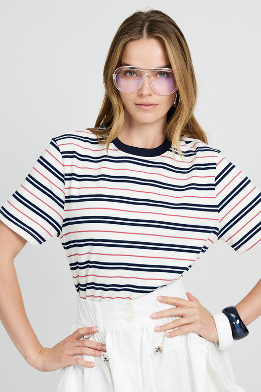 Classic Cotton Rib Striped T Shirt – cream-Navy