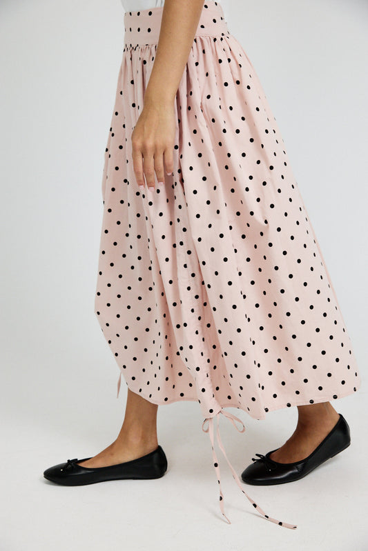 Balloon Drawstring Midi Skirt - Pink Polka Dot