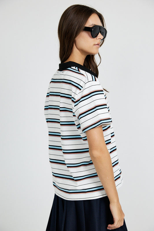 Classic Rib Striped Polo T Shirt-Cream & Black