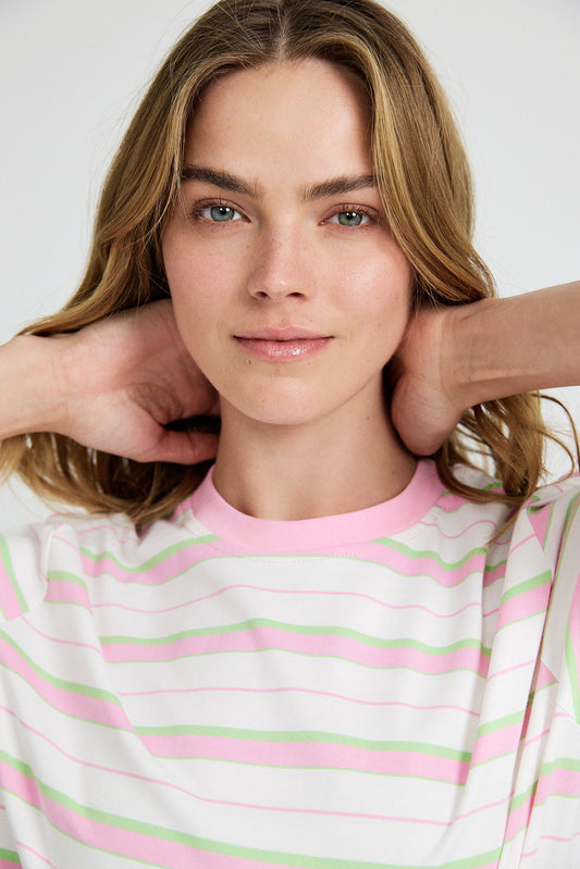 Classic Cotton Rib Striped T Shirt – cream-pink