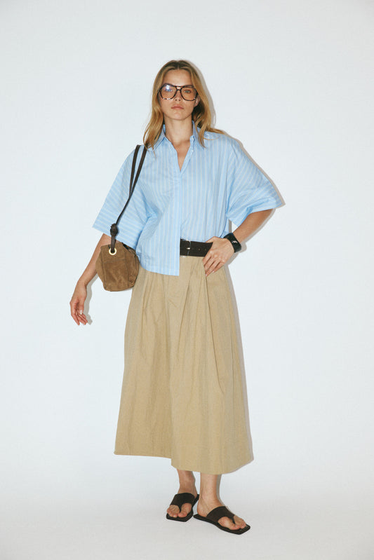 Classic Cotton A-Line Midi Skirt – Beige
