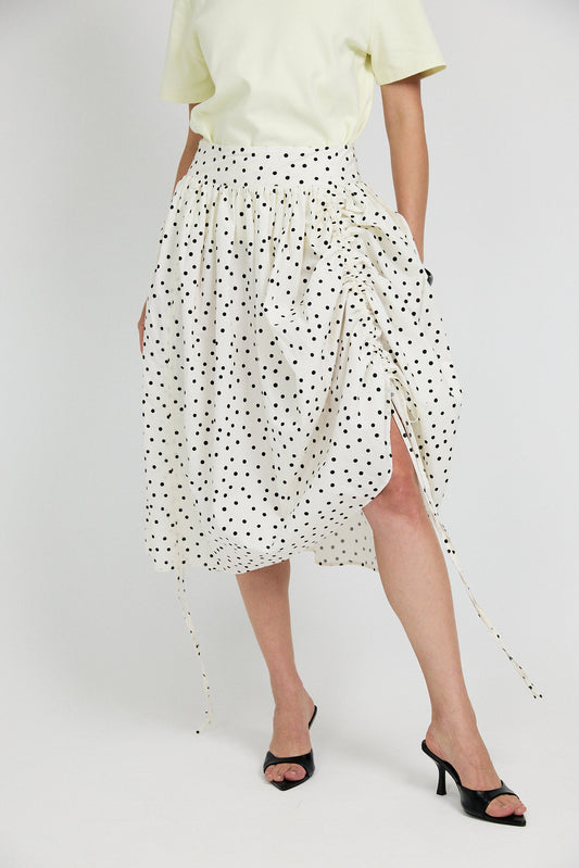 Balloon Drawstring Midi Skirt - Cream Polka Dot