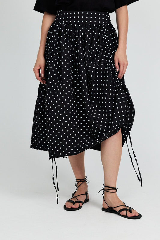 Balloon Drawstring Midi Skirt - Black Polka Dot