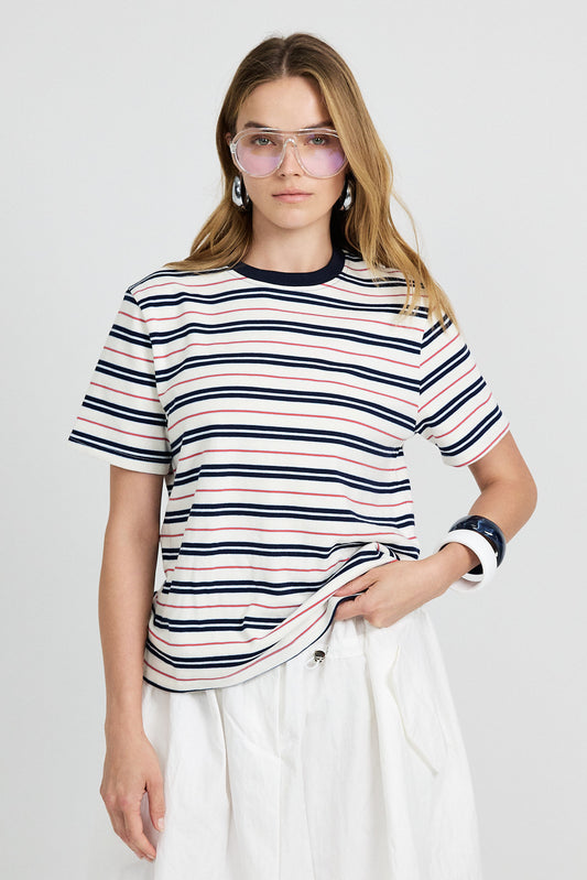 Classic Cotton Rib Striped T Shirt – cream-Navy