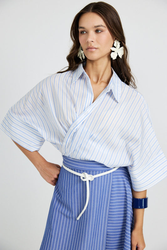 Monroe Oversized Batwing Stripe Shirt –White & Sky Blue