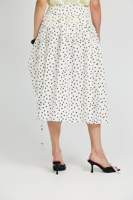 Balloon Drawstring Midi Skirt - Cream Polka Dot