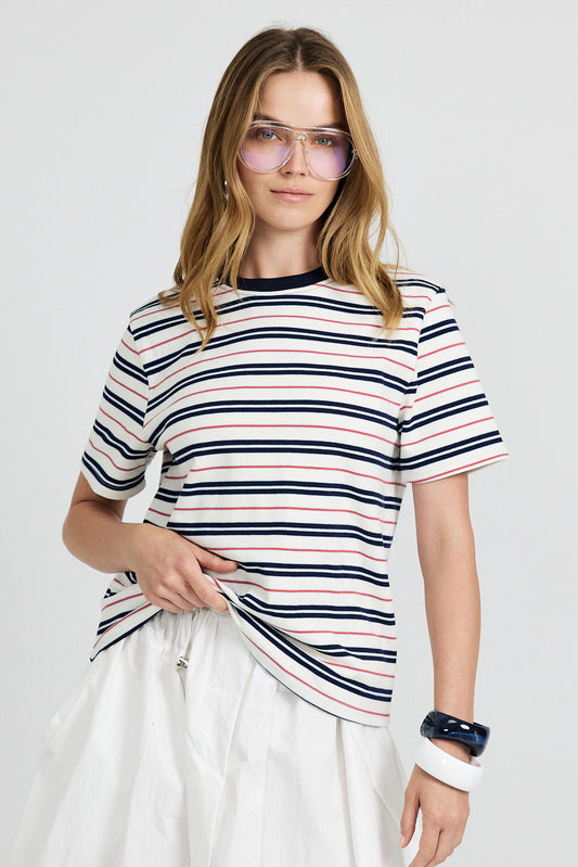 Classic Cotton Rib Striped T Shirt – cream-Navy