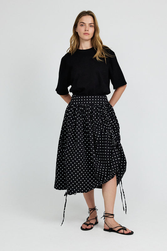 Balloon Drawstring Midi Skirt - Black Polka Dot