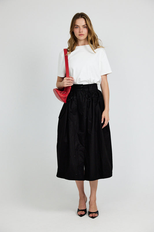 Utility Gathered Cotton Midi Skirt – Black