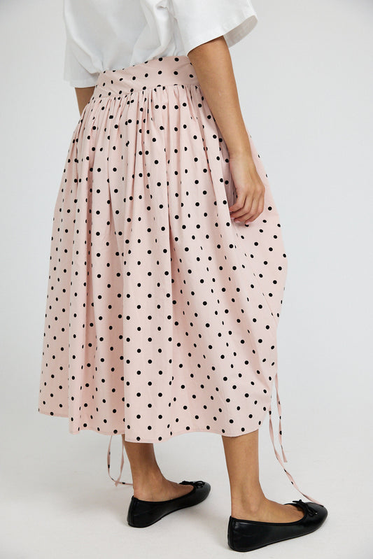 Balloon Drawstring Midi Skirt - Pink Polka Dot