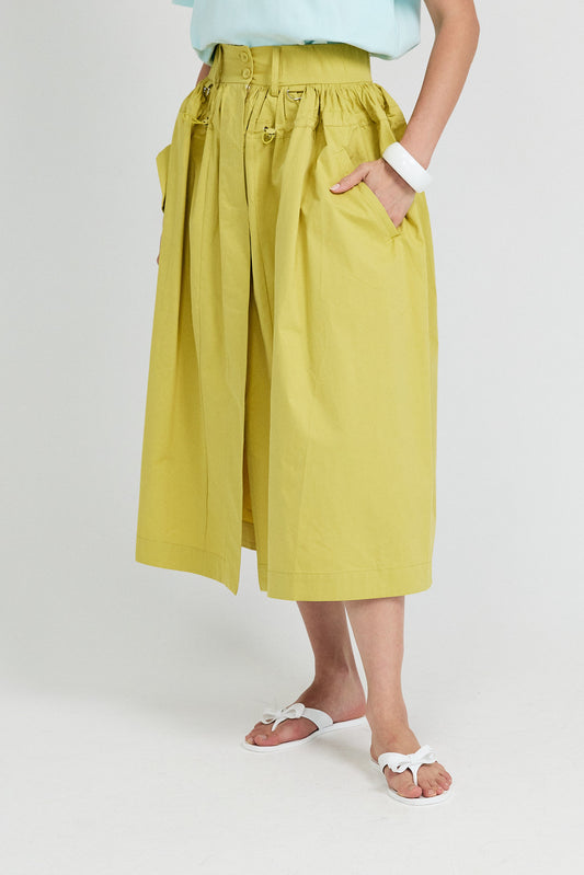 Utility Gathered Cotton Midi Skirt – Lime