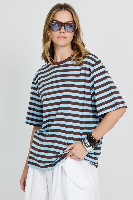 Oversized Striped Basic T-Shirt – Turquoise & Brown