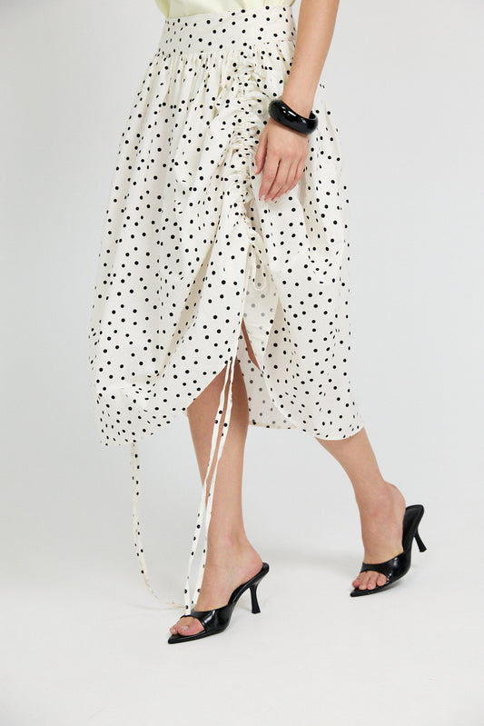 Balloon Drawstring Midi Skirt - Cream Polka Dot