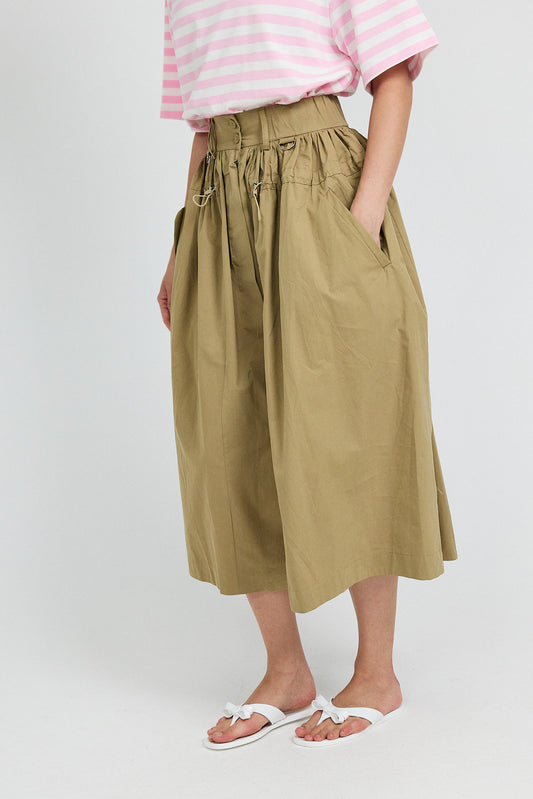 Utility Gathered Cotton Midi Skirt – Khaki