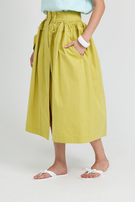 Utility Gathered Cotton Midi Skirt – Lime