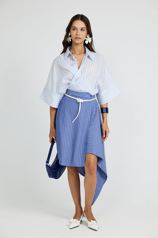 Monroe Oversized Batwing Stripe Shirt –White & Sky Blue